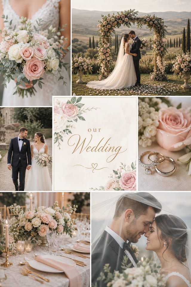 Wedding Photo Collage — photo-realistic style photo collage layout, featuring romantic floral arrangements, soft pastels (blush, ivory, sage), elegant calligraphy
