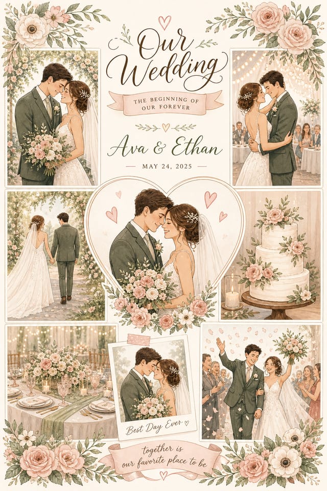 Wedding Photo Collage — illustration style photo collage layout, featuring romantic floral arrangements, soft pastels (blush, ivory, sage), elegant calligraphy