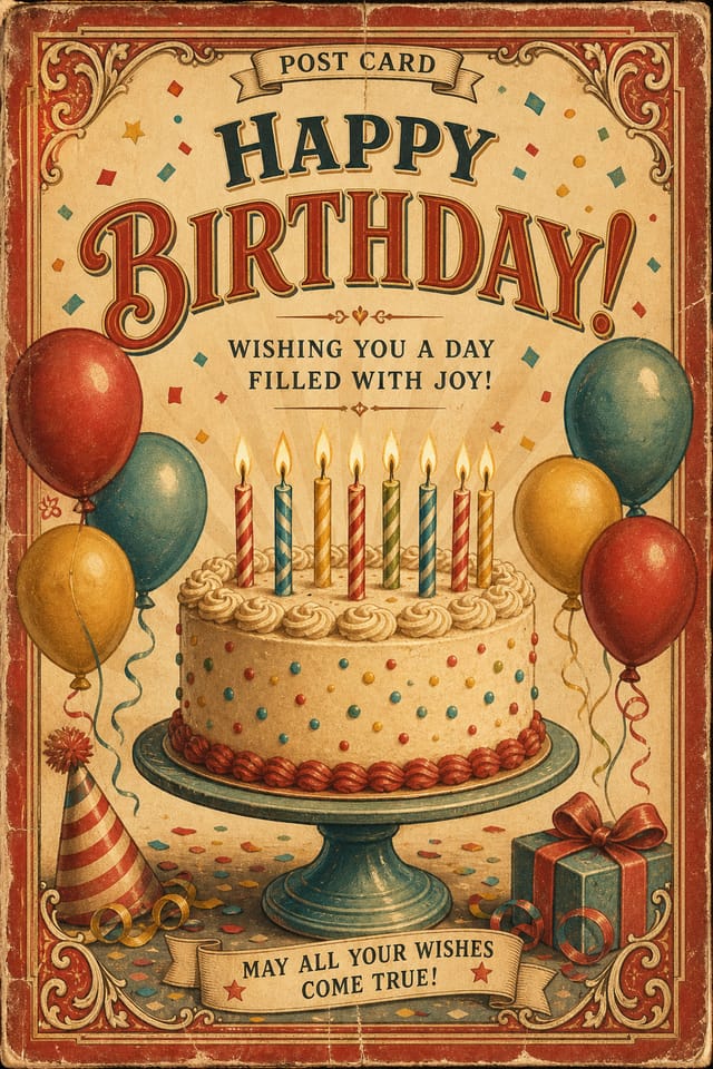 Birthday Postcard — vintage style postcard front, featuring balloons, birthday cake, candles, confetti, festive bright colors