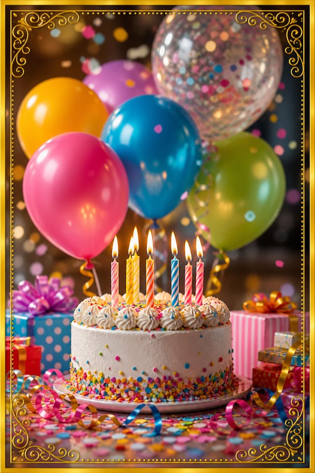 Birthday Postcard — photo-realistic style postcard front, featuring balloons, birthday cake, candles, confetti, festive bright colors