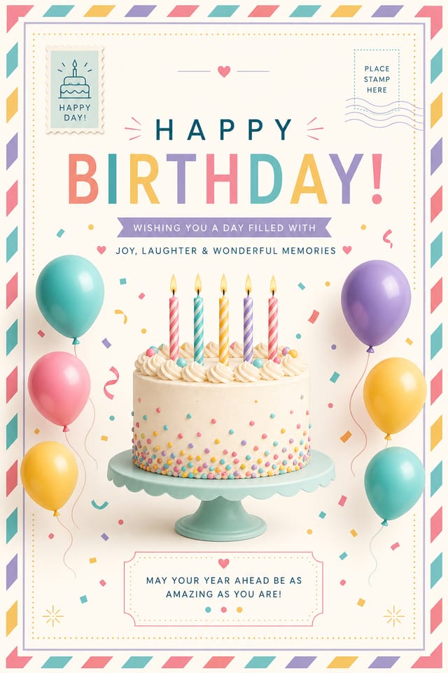 Birthday Postcard — modern style postcard front, featuring balloons, birthday cake, candles, confetti, festive bright colors