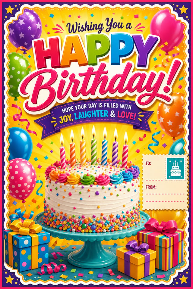 Birthday Postcard — vibrant style postcard front, featuring balloons, birthday cake, candles, confetti, festive bright colors