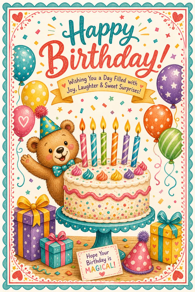 Birthday Postcard — illustration style postcard front, featuring balloons, birthday cake, candles, confetti, festive bright colors