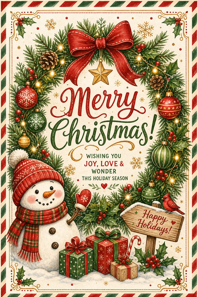 Christmas Postcard — illustration style postcard front, featuring pine wreaths, ornaments, red and green palette, snowflakes, festive lights
