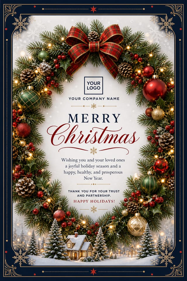 Christmas Postcard — corporate style postcard front, featuring pine wreaths, ornaments, red and green palette, snowflakes, festive lights