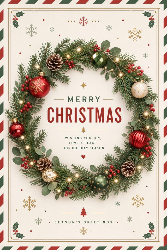 Christmas Postcard — modern style postcard front, featuring pine wreaths, ornaments, red and green palette, snowflakes, festive lights