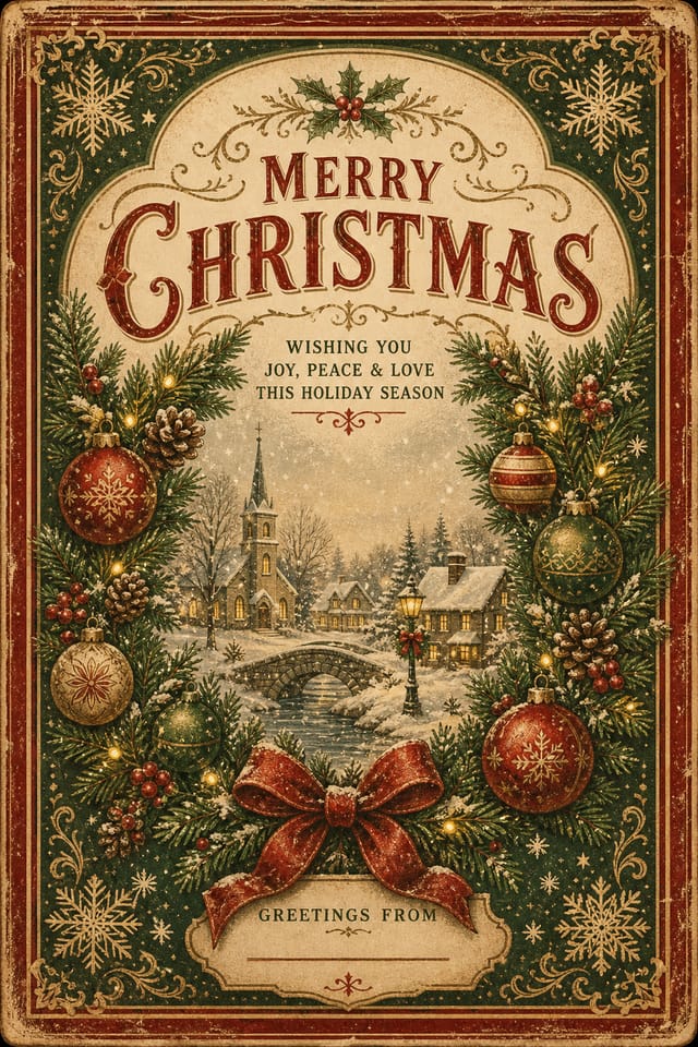 Christmas Postcard — vintage style postcard front, featuring pine wreaths, ornaments, red and green palette, snowflakes, festive lights