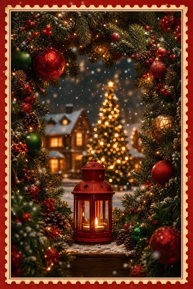 Christmas Postcard — photo-realistic style postcard front, featuring pine wreaths, ornaments, red and green palette, snowflakes, festive lights