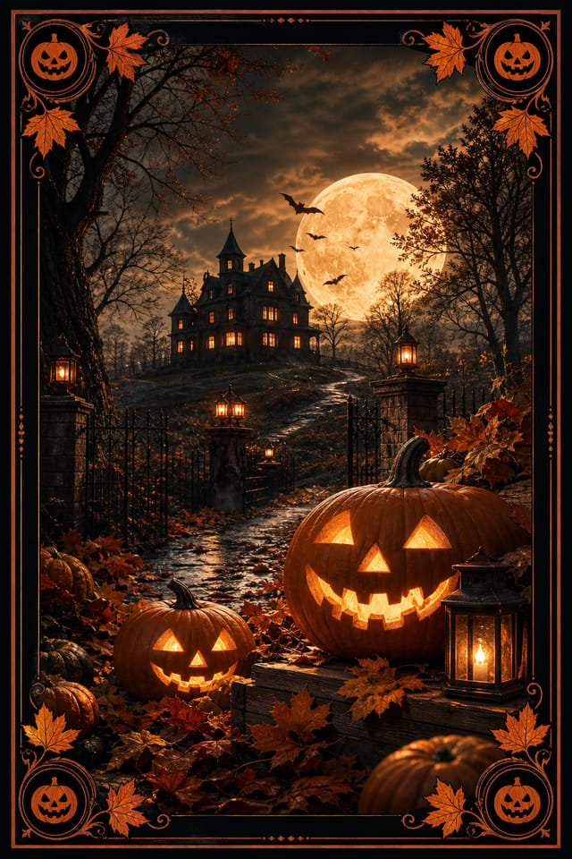 Halloween Postcard — photo-realistic style postcard front, featuring pumpkins, autumn leaves, orange and black palette, spooky silhouettes