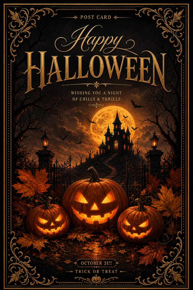 Halloween Postcard — elegant style postcard front, featuring pumpkins, autumn leaves, orange and black palette, spooky silhouettes