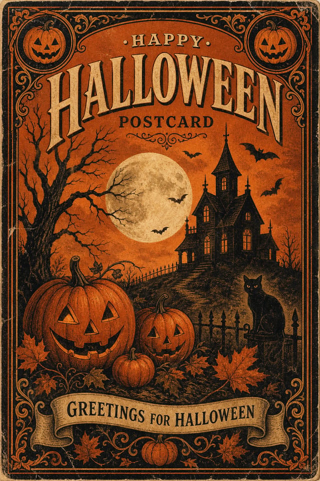 Halloween Postcard — vintage style postcard front, featuring pumpkins, autumn leaves, orange and black palette, spooky silhouettes