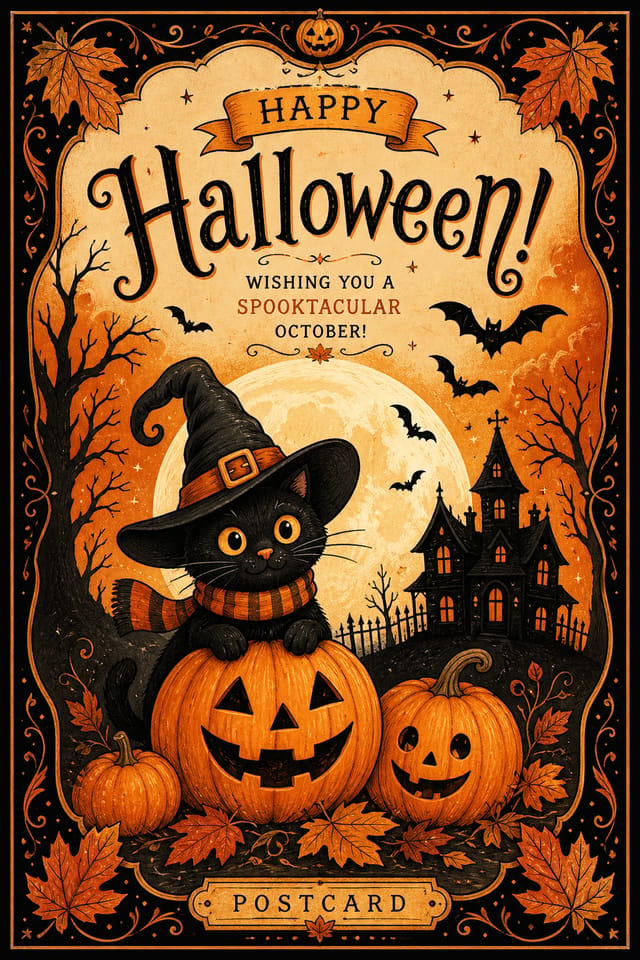 Halloween Postcard — illustration style postcard front, featuring pumpkins, autumn leaves, orange and black palette, spooky silhouettes
