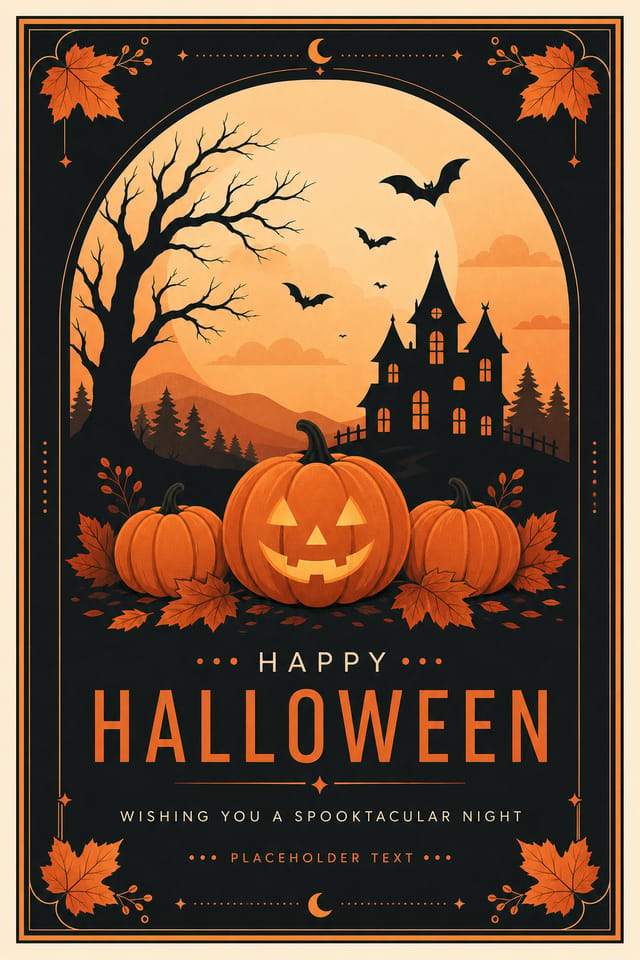 Halloween Postcard — modern style postcard front, featuring pumpkins, autumn leaves, orange and black palette, spooky silhouettes