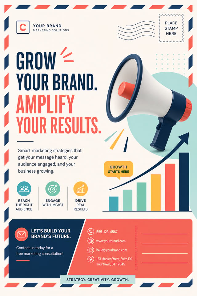 Marketing Postcard — modern style postcard front, featuring megaphone, growth charts, dynamic typography, vibrant palette