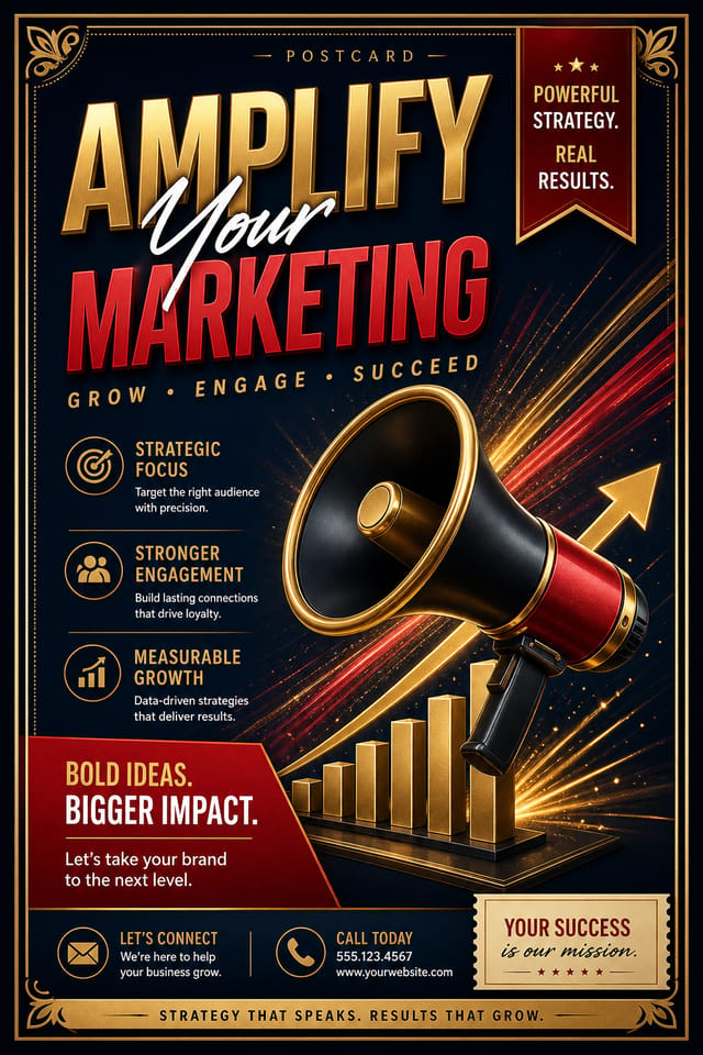 Marketing Postcard — elegant style postcard front, featuring megaphone, growth charts, dynamic typography, vibrant palette