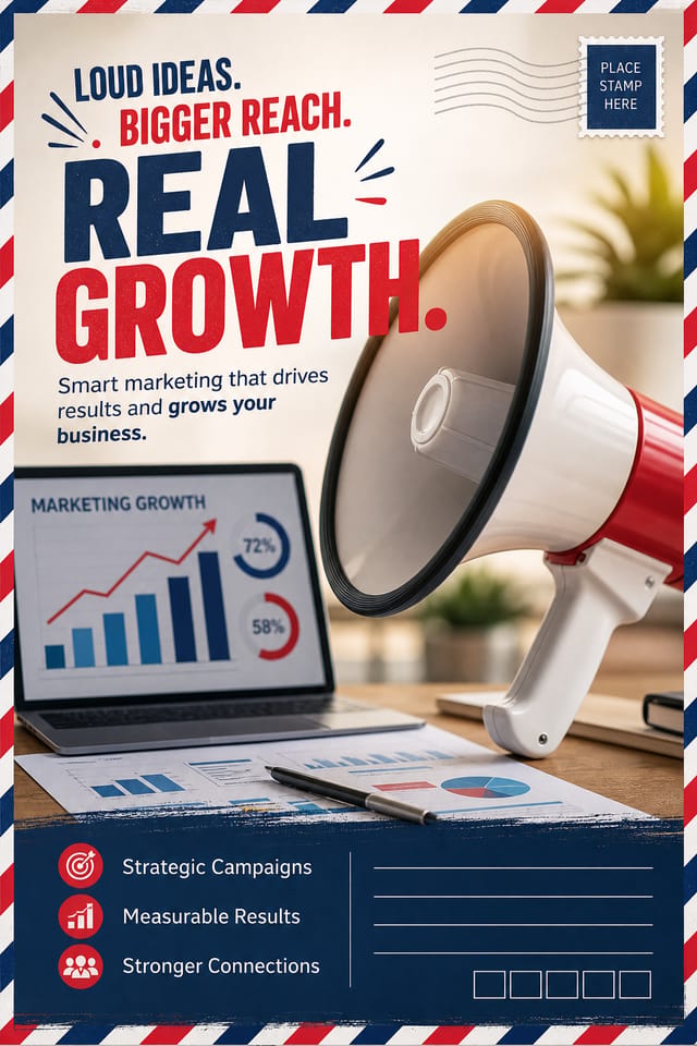 Marketing Postcard — photo-realistic style postcard front, featuring megaphone, growth charts, dynamic typography, vibrant palette