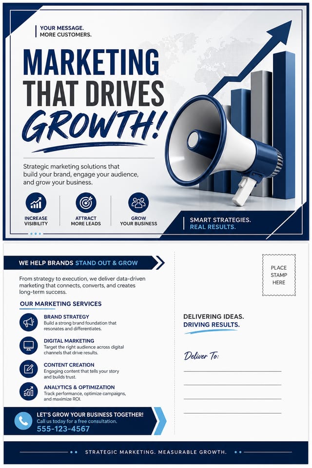 Marketing Postcard — corporate style postcard front, featuring megaphone, growth charts, dynamic typography, vibrant palette