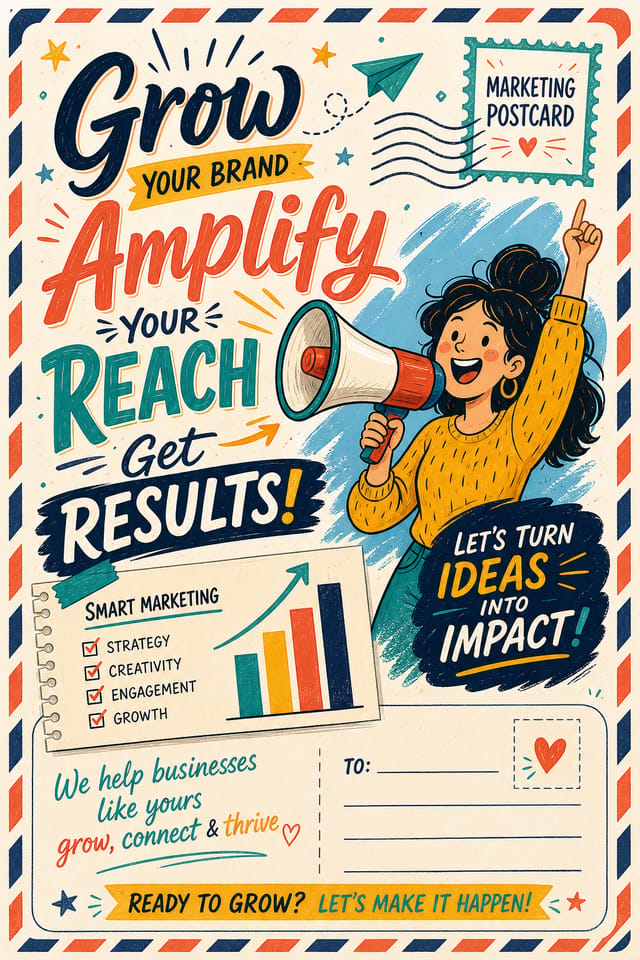Marketing Postcard — illustration style postcard front, featuring megaphone, growth charts, dynamic typography, vibrant palette