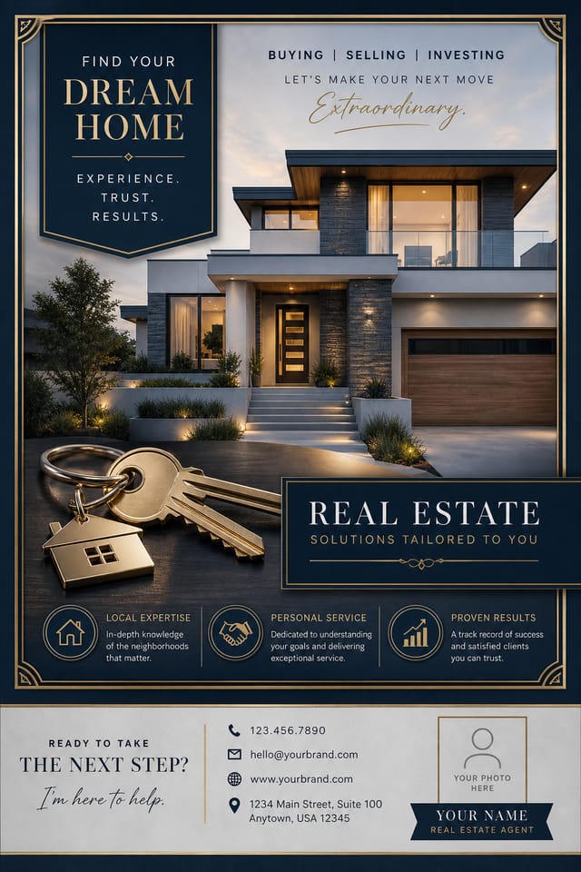 Real Estate Postcard — elegant style postcard front, featuring houses, keys, modern architecture, navy and grey palette, professional