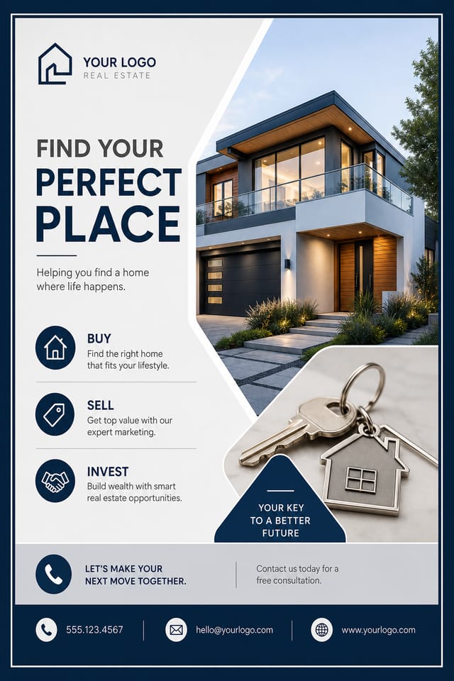 Real Estate Postcard — modern style postcard front, featuring houses, keys, modern architecture, navy and grey palette, professional