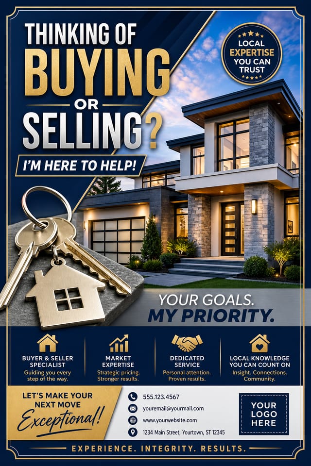 Real Estate Postcard — vibrant style postcard front, featuring houses, keys, modern architecture, navy and grey palette, professional