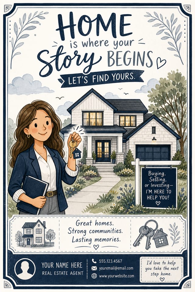 Real Estate Postcard — illustration style postcard front, featuring houses, keys, modern architecture, navy and grey palette, professional
