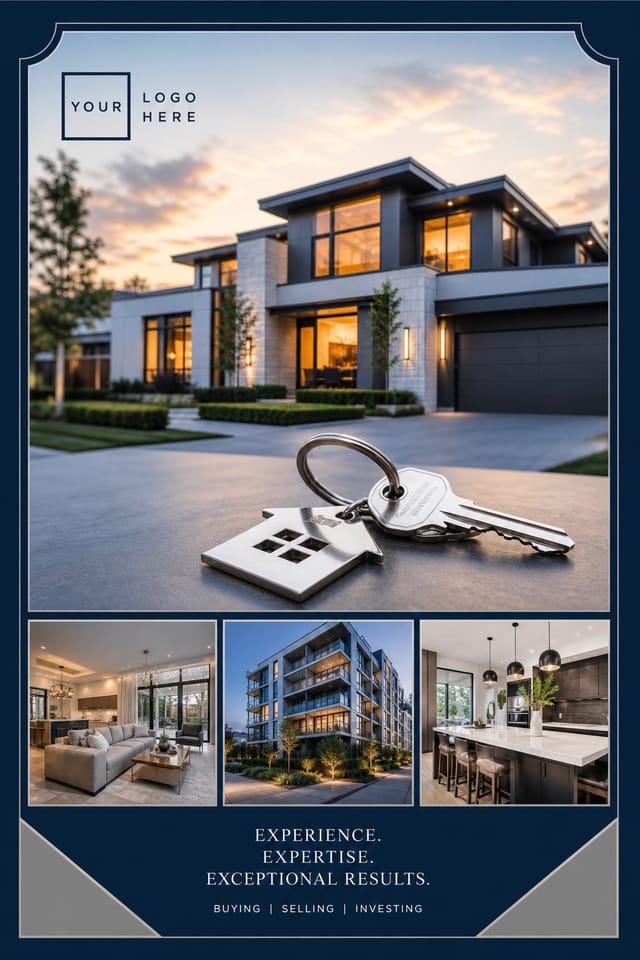 Real Estate Postcard — photo-realistic style postcard front, featuring houses, keys, modern architecture, navy and grey palette, professional