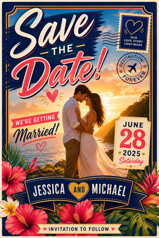Save The Date Postcard — vibrant style postcard front