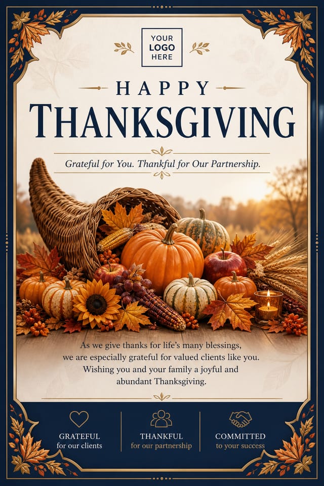 Thanksgiving Postcard — corporate style postcard front, featuring autumn harvest, pumpkins, fall leaves, warm browns and oranges, cornucopia