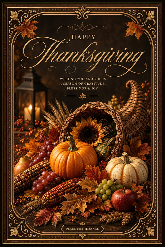 Thanksgiving Postcard — elegant style postcard front, featuring autumn harvest, pumpkins, fall leaves, warm browns and oranges, cornucopia