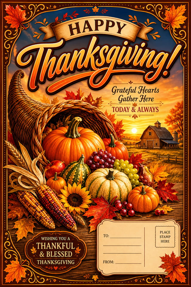 Thanksgiving Postcard — vibrant style postcard front, featuring autumn harvest, pumpkins, fall leaves, warm browns and oranges, cornucopia