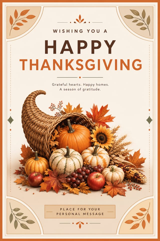 Thanksgiving Postcard — modern style postcard front, featuring autumn harvest, pumpkins, fall leaves, warm browns and oranges, cornucopia