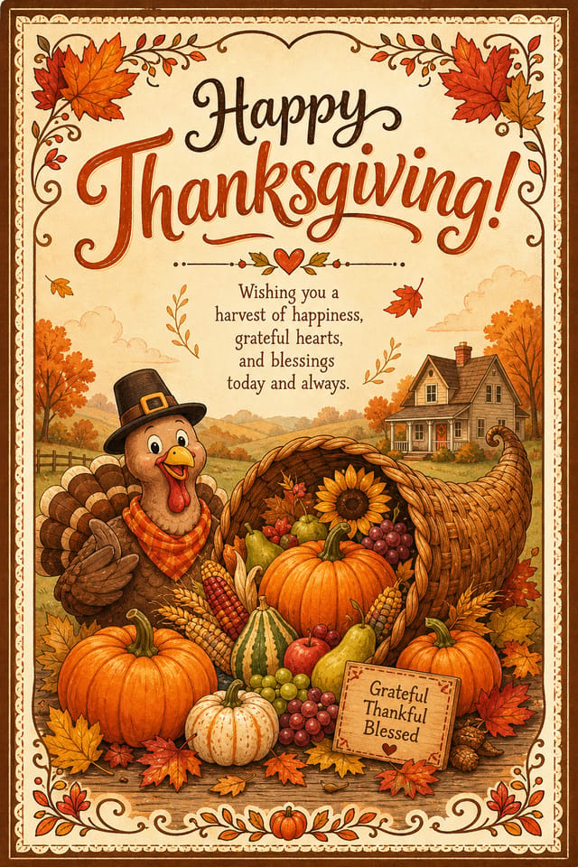 Thanksgiving Postcard — illustration style postcard front, featuring autumn harvest, pumpkins, fall leaves, warm browns and oranges, cornucopia
