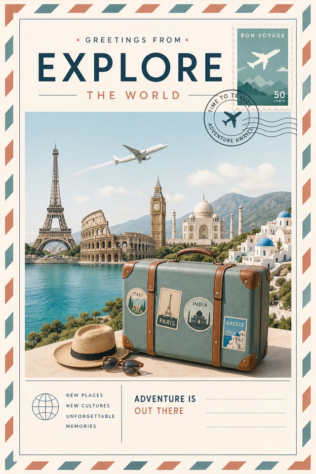 Travel Postcard — modern style postcard front, featuring landmarks, suitcase, plane, scenic vistas