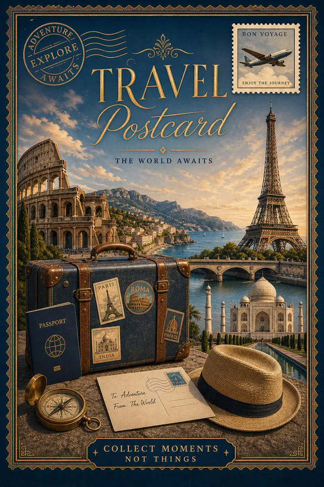 Travel Postcard — elegant style postcard front, featuring landmarks, suitcase, plane, scenic vistas