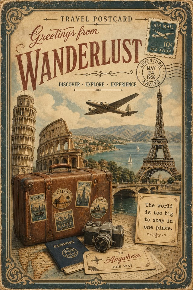 Travel Postcard — vintage style postcard front, featuring landmarks, suitcase, plane, scenic vistas