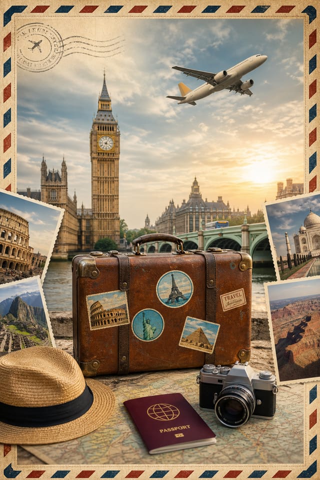 Travel Postcard — photo-realistic style postcard front, featuring landmarks, suitcase, plane, scenic vistas