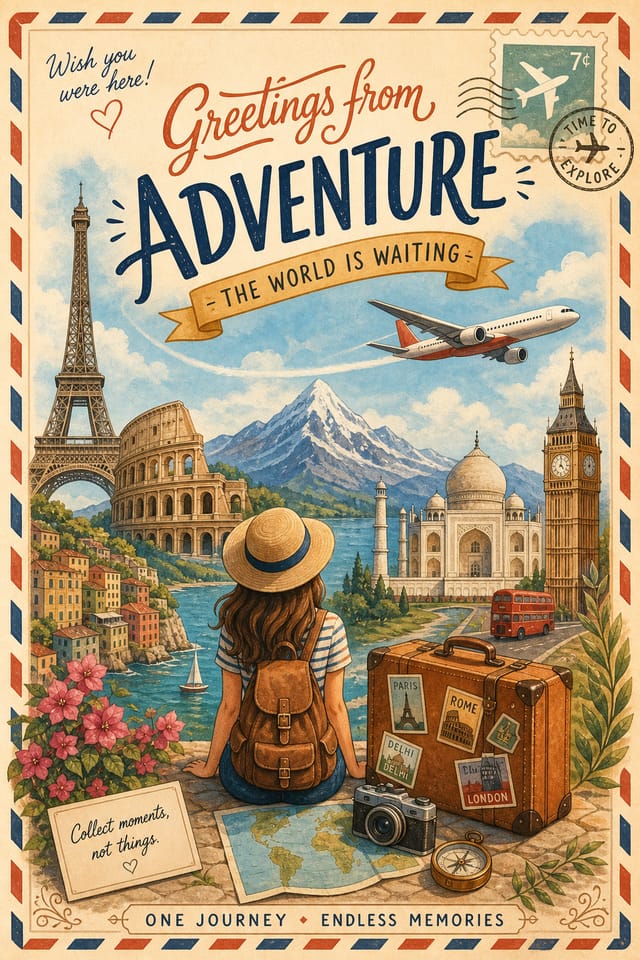 Travel Postcard — illustration style postcard front, featuring landmarks, suitcase, plane, scenic vistas