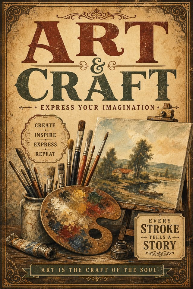Art Craft Poster — vintage style poster, featuring paintbrushes, palette, canvas, creative imagery