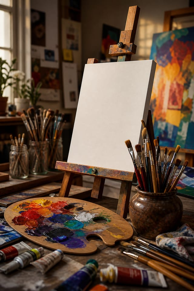 Art Craft Poster — photo-realistic style poster, featuring paintbrushes, palette, canvas, creative imagery