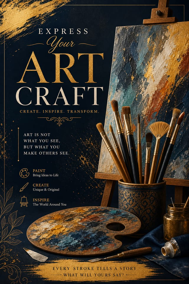 Art Craft Poster — elegant style poster, featuring paintbrushes, palette, canvas, creative imagery