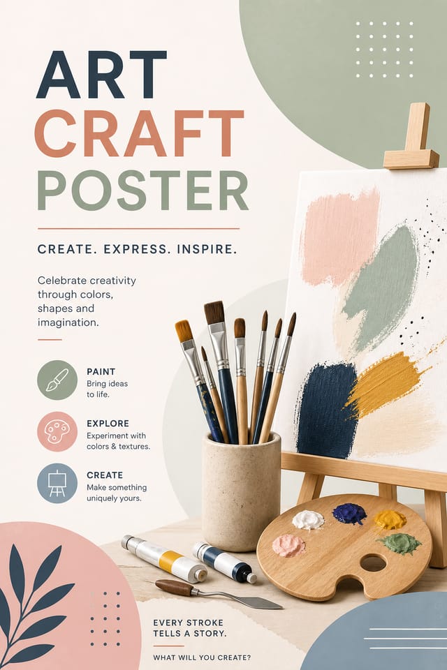 Art Craft Poster — modern style poster, featuring paintbrushes, palette, canvas, creative imagery