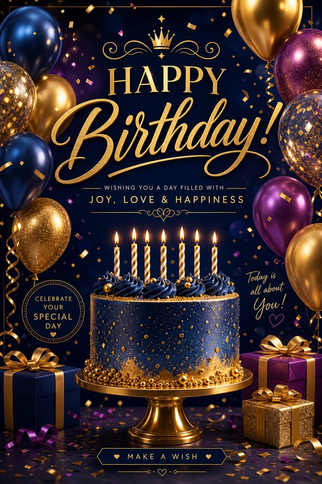 Elegant golden birthday poster with portrait photo and personalized name