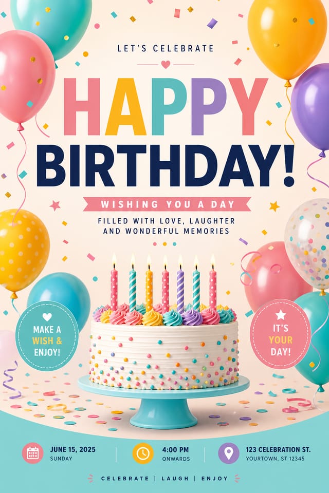Birthday Poster — modern style poster, featuring balloons, birthday cake, candles, confetti, festive bright colors