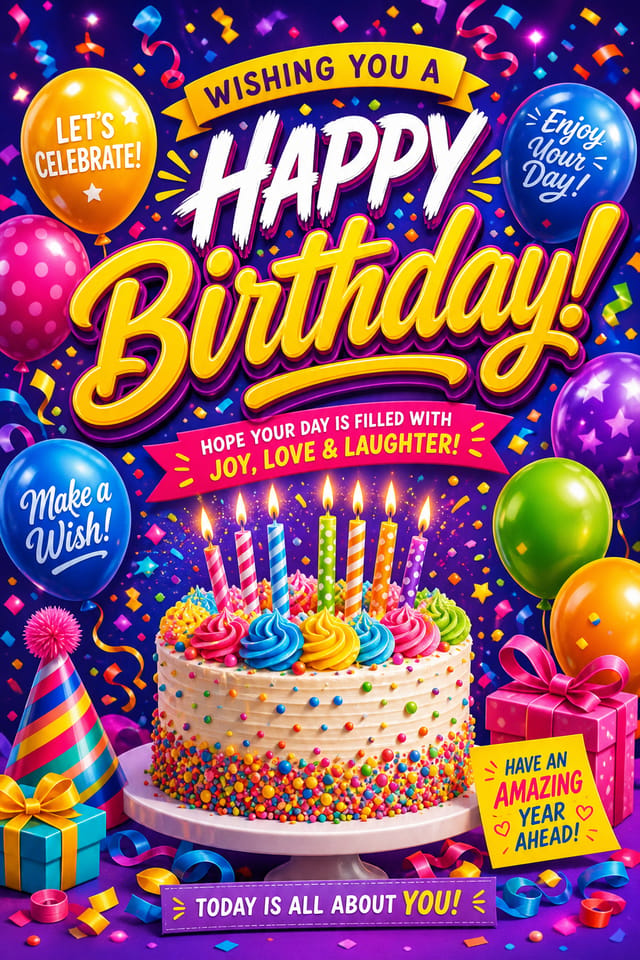Birthday Poster — vibrant style poster, featuring balloons, birthday cake, candles, confetti, festive bright colors