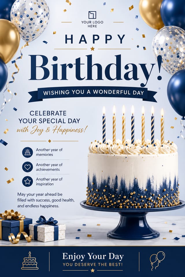 Birthday Poster — corporate style poster, featuring balloons, birthday cake, candles, confetti, festive bright colors