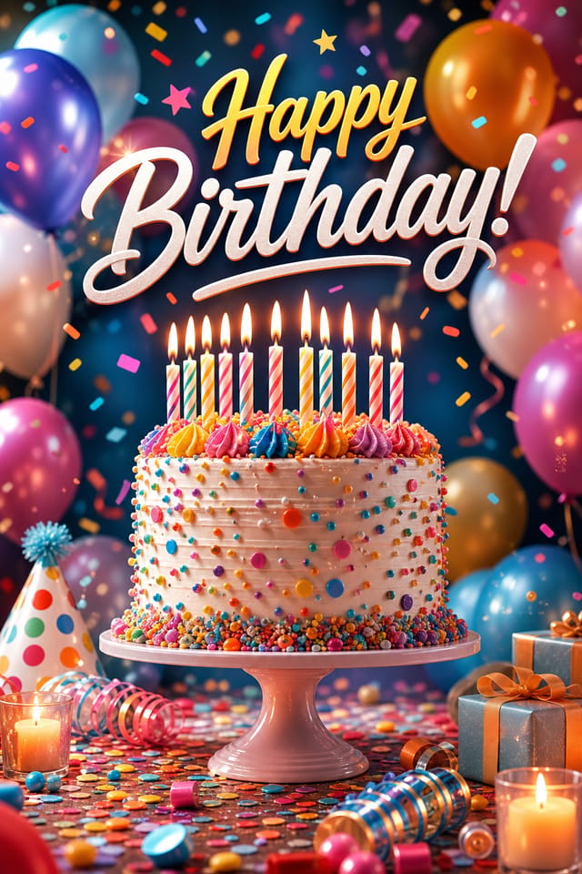 Birthday Poster — photo-realistic style poster, featuring balloons, birthday cake, candles, confetti, festive bright colors