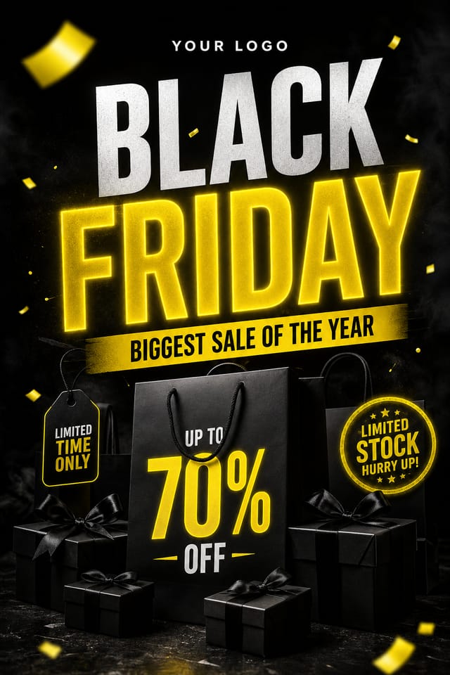 Black Friday Poster — photo-realistic style poster, featuring bold black background, neon yellow accents, sale imagery, urgency typography