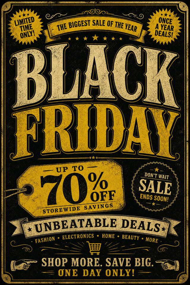 Black Friday Poster — vintage style poster, featuring bold black background, neon yellow accents, sale imagery, urgency typography