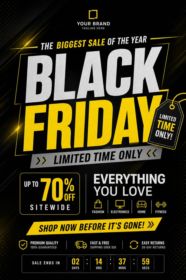 Black Friday Poster — corporate style poster, featuring bold black background, neon yellow accents, sale imagery, urgency typography
